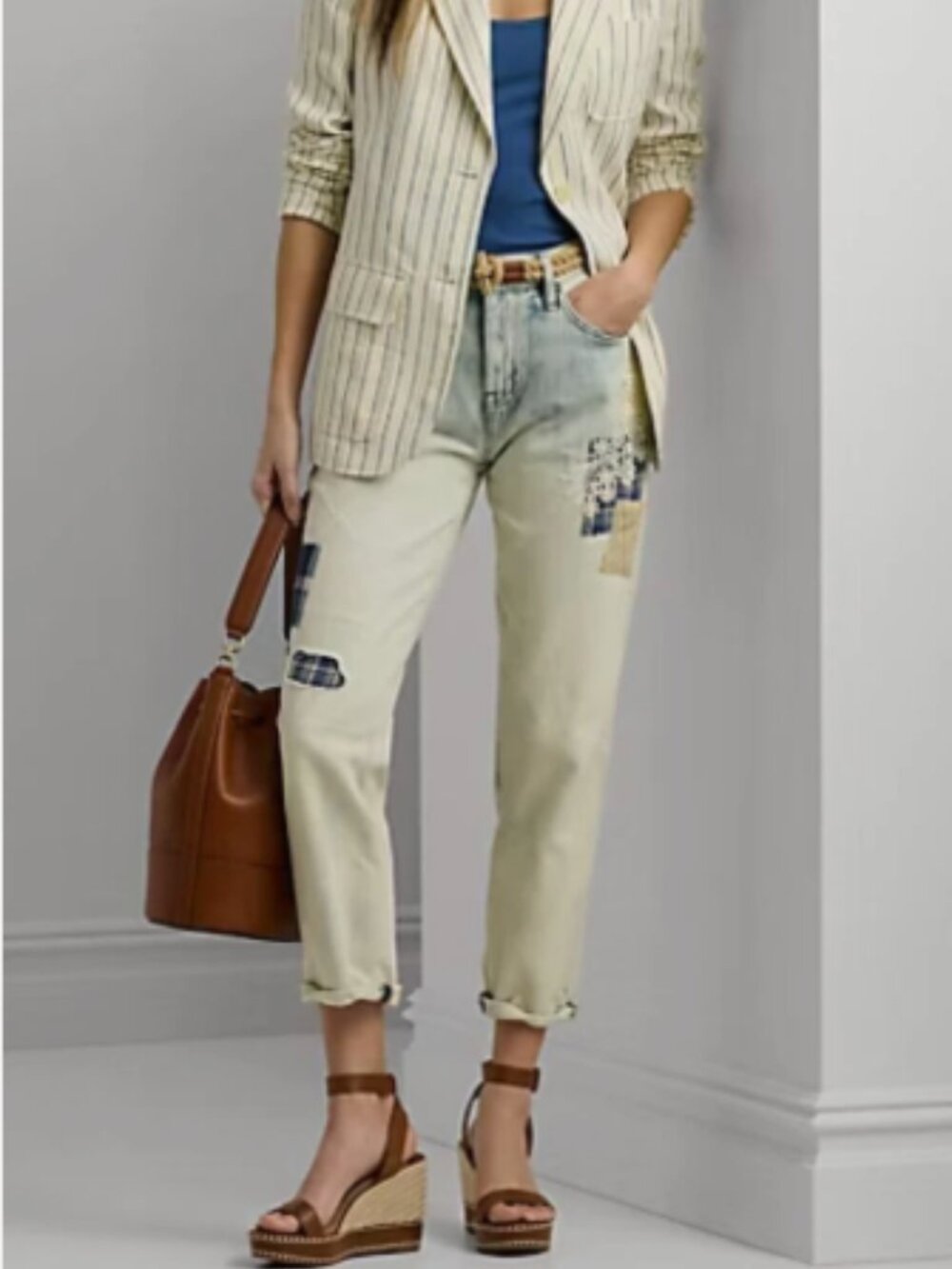 LAUREN RALPH LAUREN Mid Rise Relaxed Tapered Ankle Patchwork Jean--NWT--6